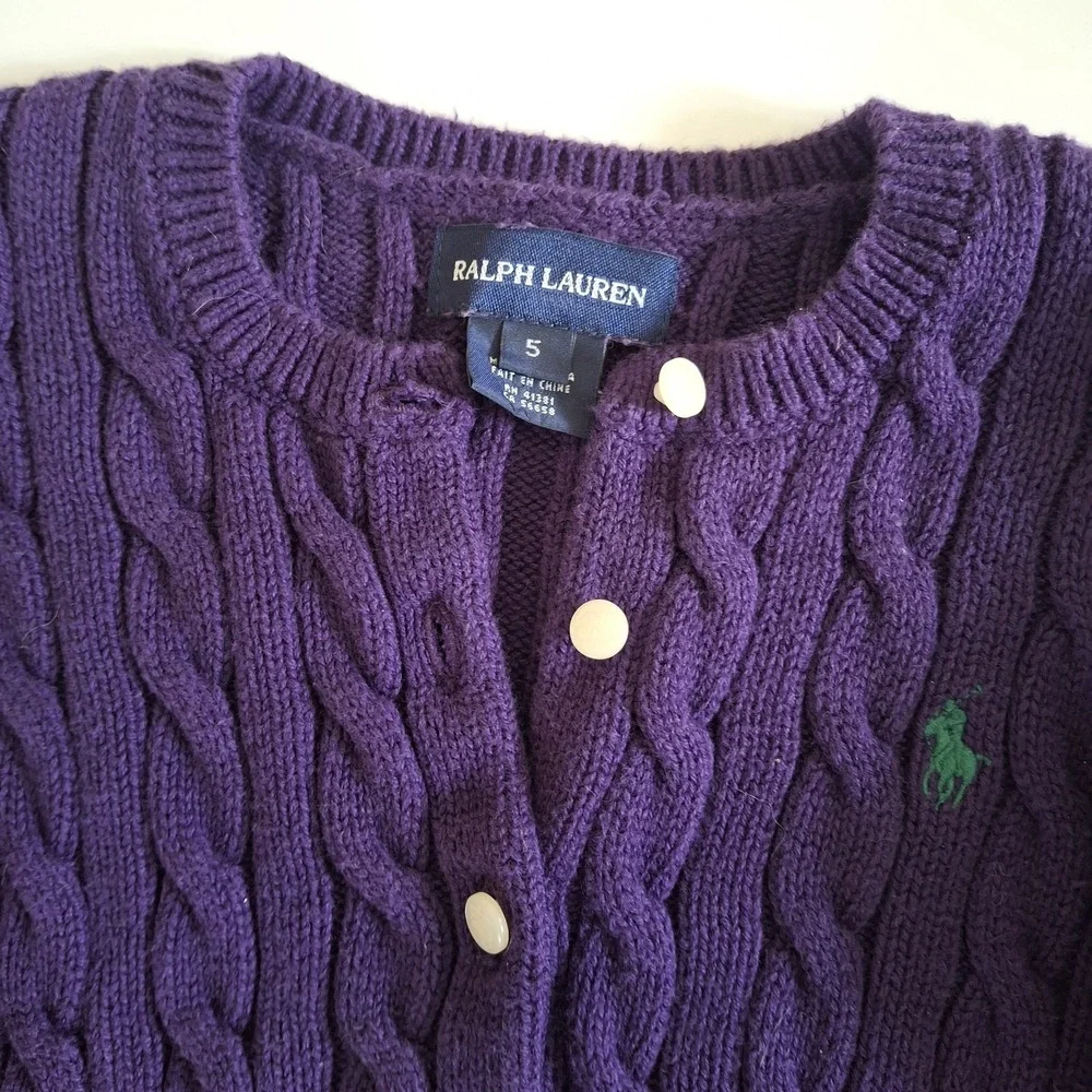 Ralph Lauren Girls Purple Cable Knit Peplum Cardigan Sweater Kids Size 5